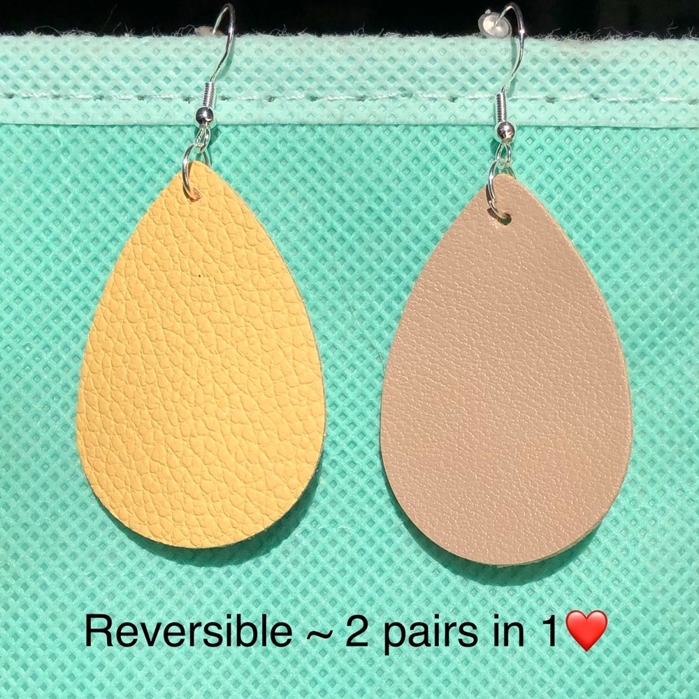 Yellow / Tan Reversible Faux Leather Teardrop Earrings
